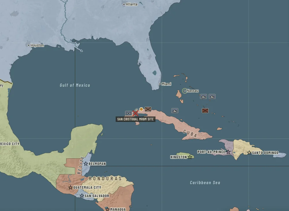 The Caribbean in January 1963, with missile sites and ships around Cuba