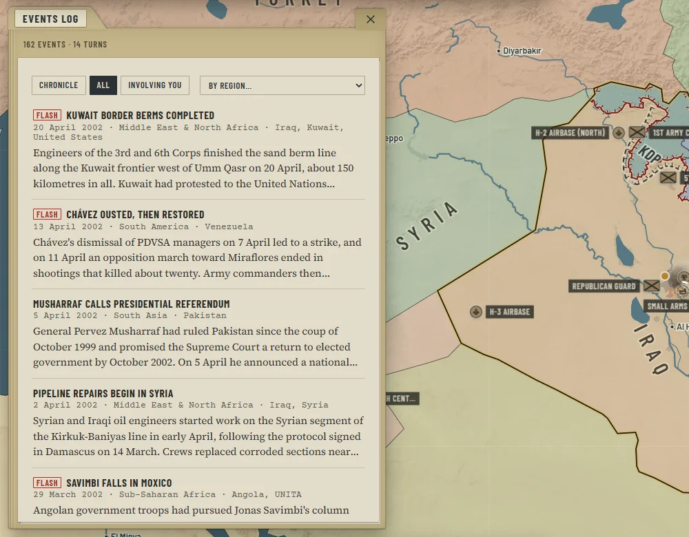 The Events log: dated events, each with a headline and a paragraph of history