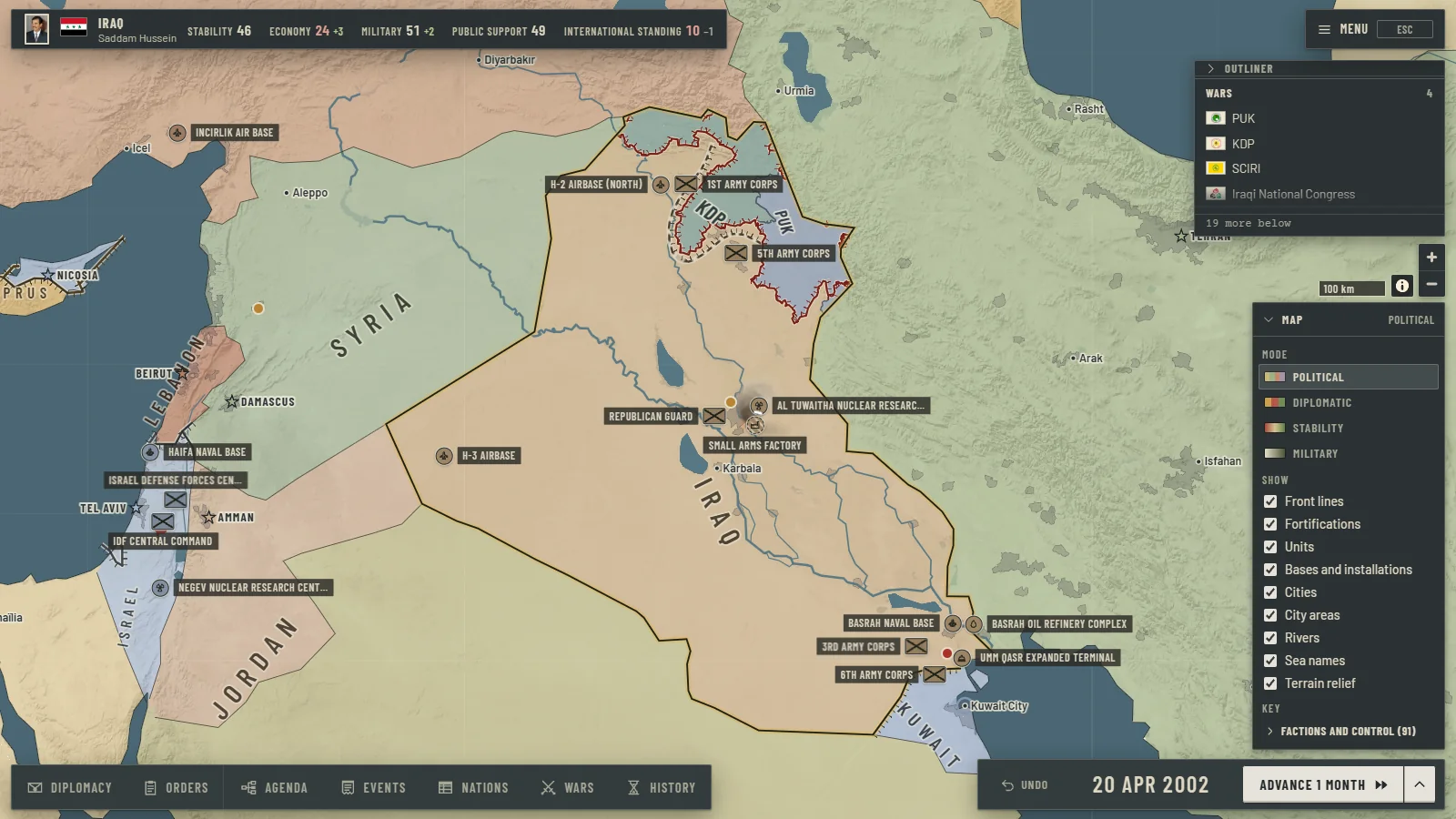 The game in 2002: Iraq on a muted staff map, with army corps, airbases, the Kurdish-held north and the turn controls
