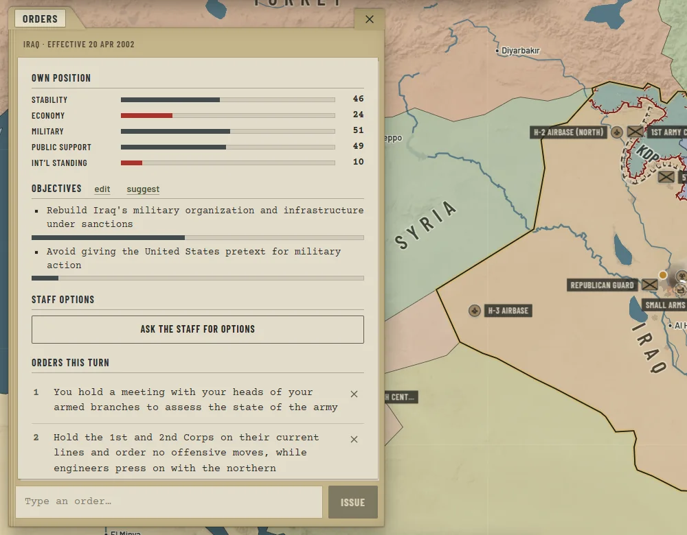The Orders folder with the nation's standing, its objectives and this turn's orders